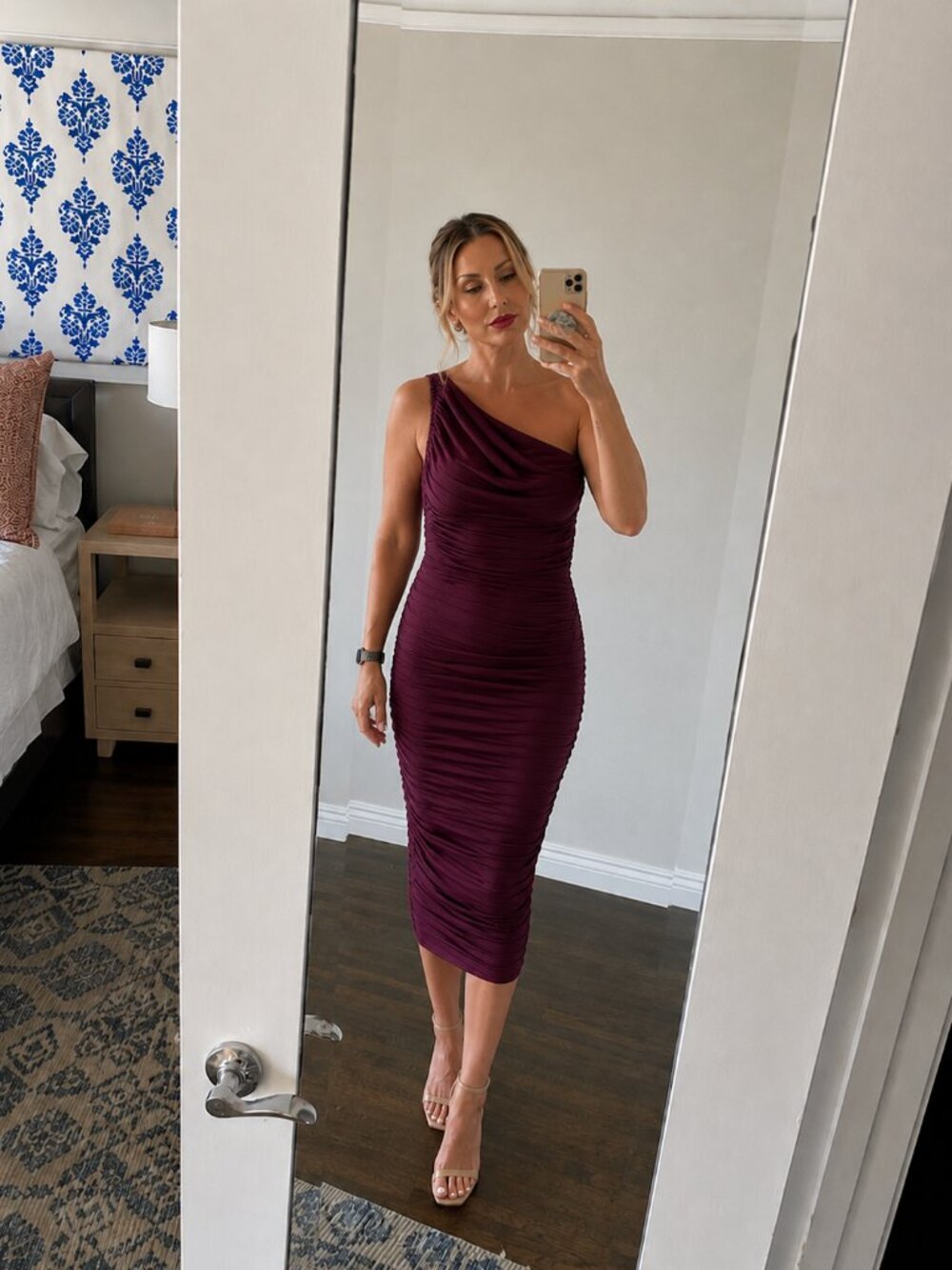 OLIA Asymmetrical Rouched Wine Midi Dress | Size Medium | NWT